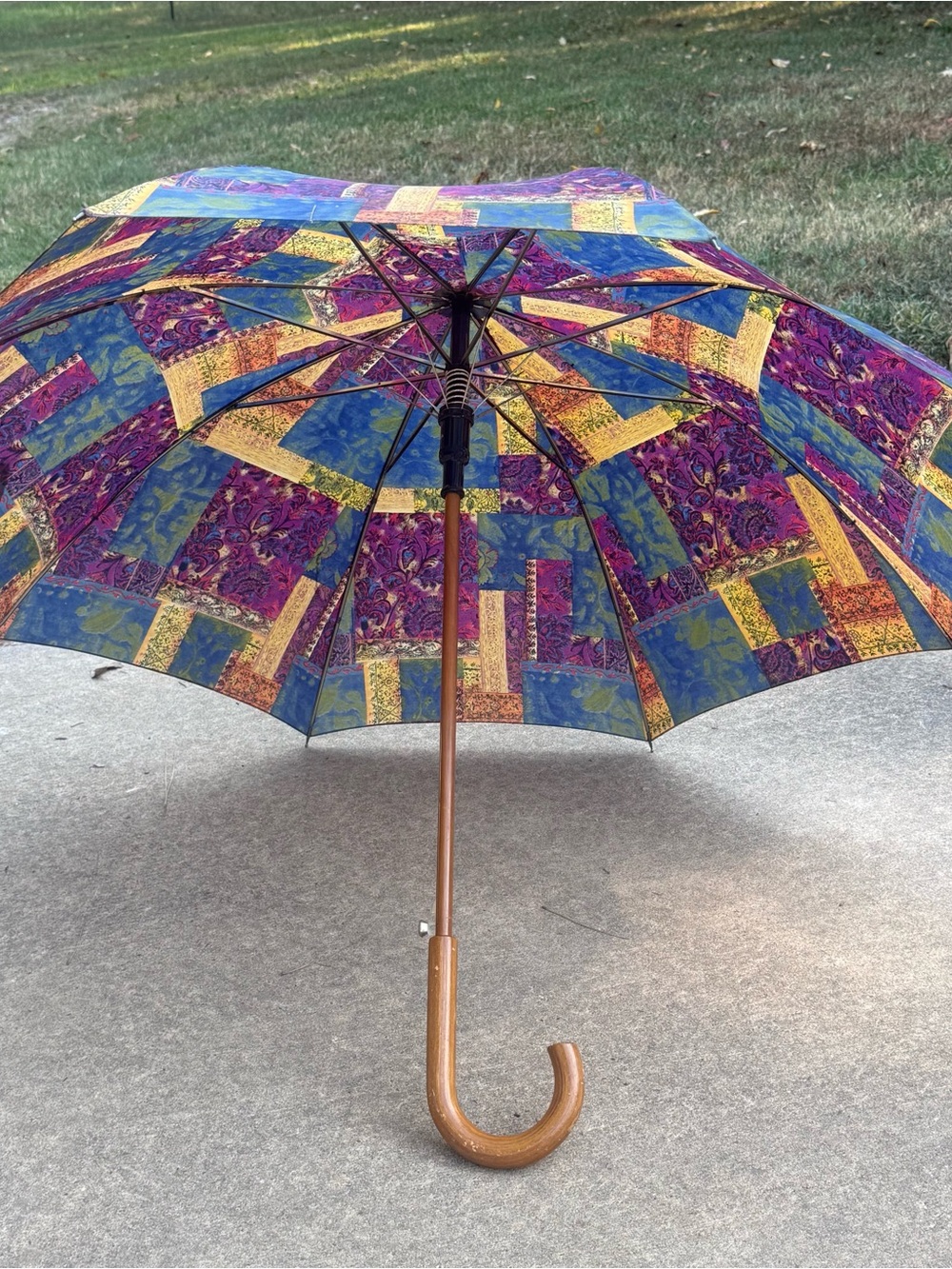 Multicolor Patchwork Canopy Umbrella with Wooden Handle